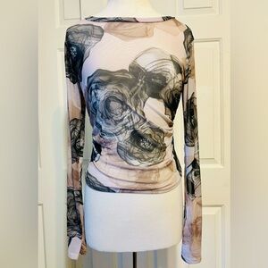 Women’s Fashion Nova Sheer Long Sleeve Black Rose Print Shirt, Size:L